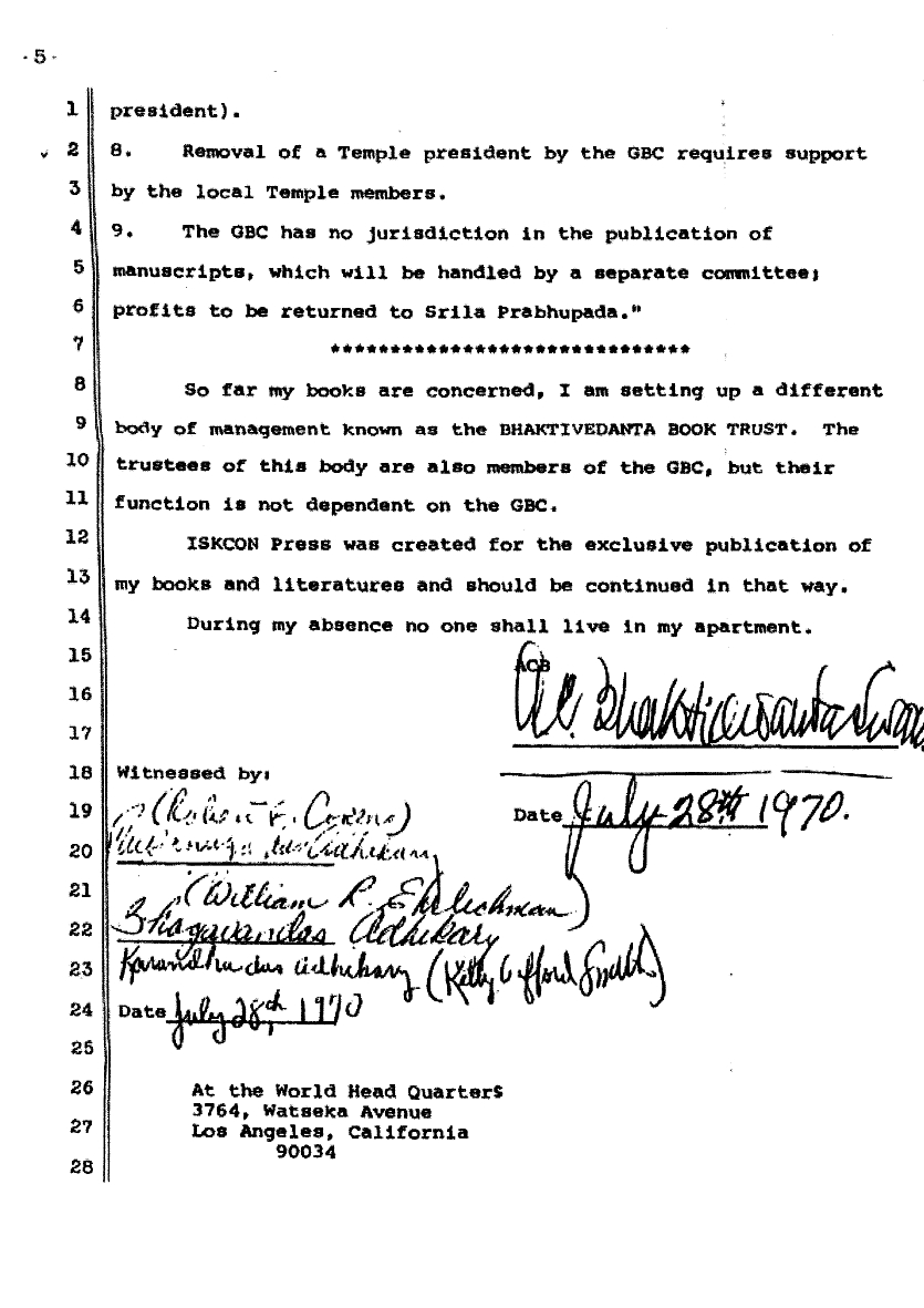 Page 5: point 9 — the GBC has no jurisdiction over publishing; the Bhaktivedanta Book Trust; Prabhupāda's signature and the date 28 July 1970.